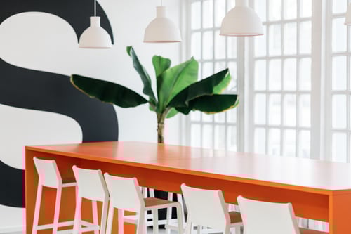 Orange-colored meeting table stands in front of a plant by a large window