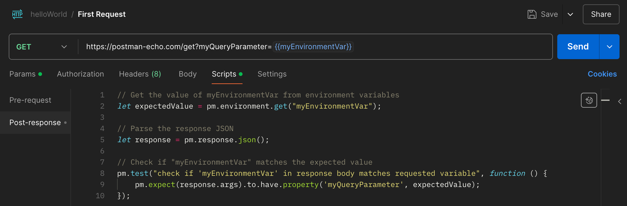 Screenshot der Postman-Anwendung zeigt das Script der Testautomation