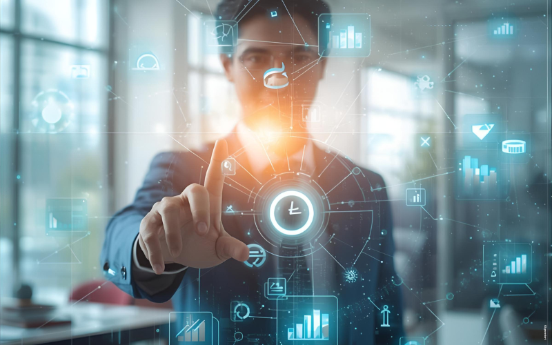 Ein Mann steht vor einer digitalen Schaltfläche mit Testreport Symbolen und Grafiken