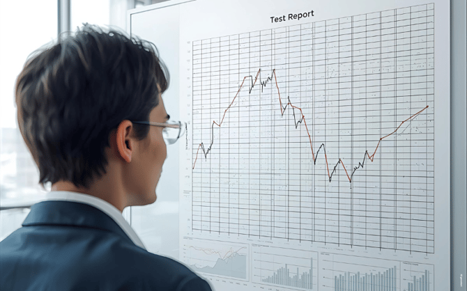 Mann steht vor einem statischen Testreport mit Graph zum Testverlauf