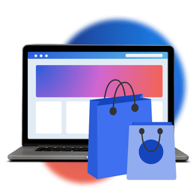 Laptop shows website and shopping bags