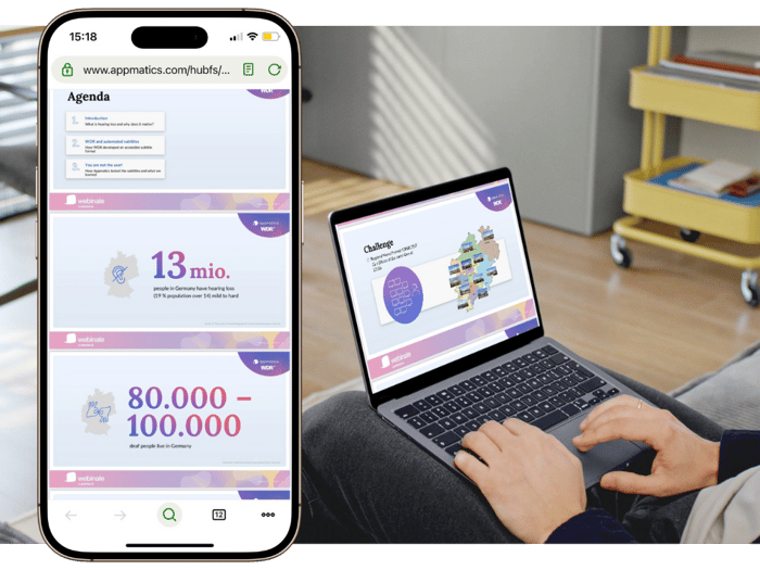 Smartphone mit geöffneter Präsentation zum WDR User Testing und dahinter eine Person am Laptop mit geöffneter Präsentation